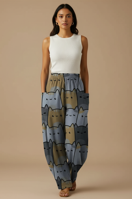 Pantalon Parachute Chats Ample Décontracté Poches - Imprimé Viscose
