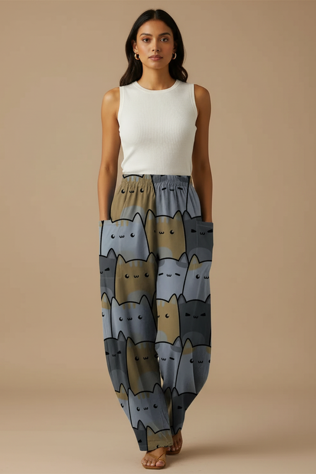 Pantalon Parachute Chats Ample Décontracté Poches - Imprimé Viscose