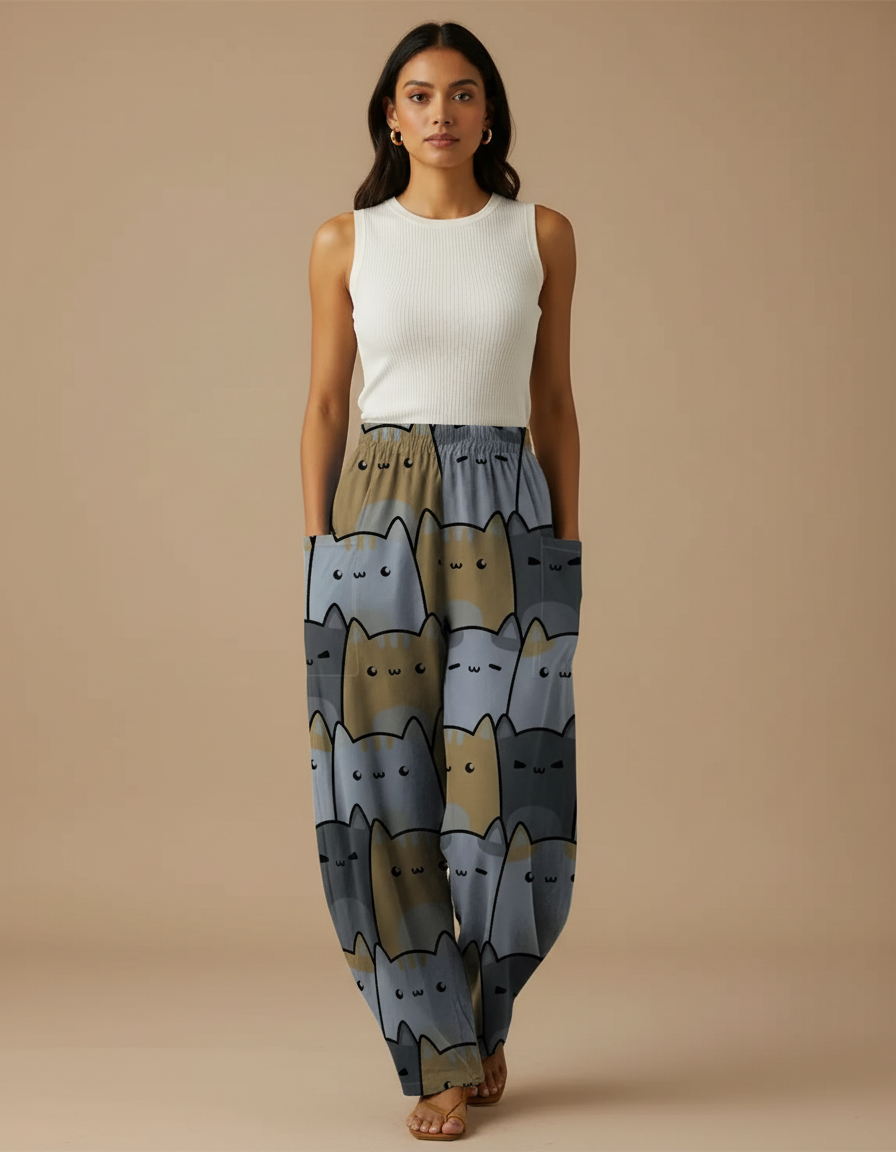 Pantalon Parachute Chats Ample Décontracté Poches - Imprimé Viscose