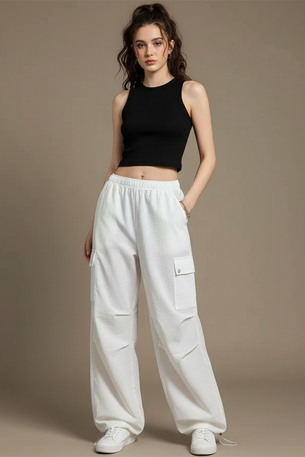 Pantalon Parachute Blanc Ample Cargo Taille Haute - Molleton