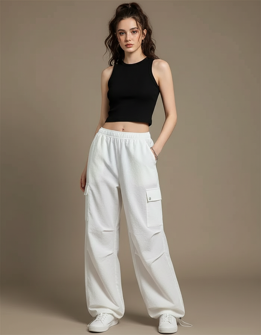 Pantalon Parachute Blanc Ample Cargo Taille Haute - Molleton