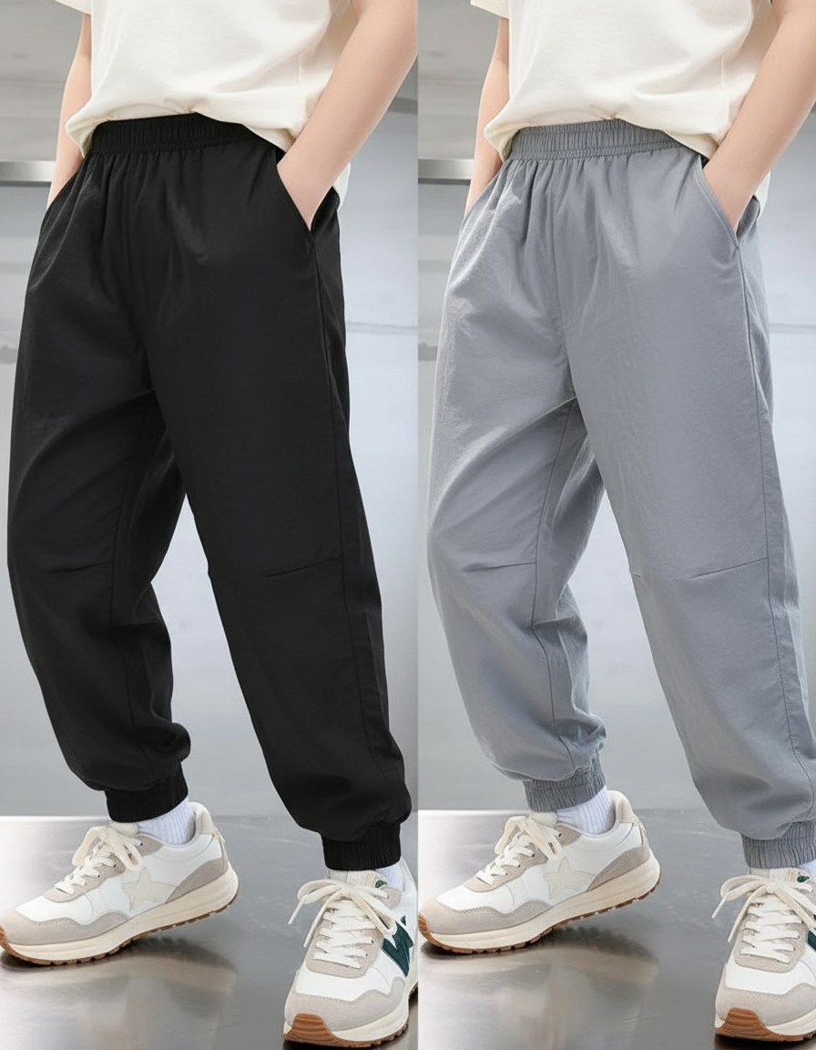 Pantalon Parachute Noir Gris Ample Coton Enfant - Polyester