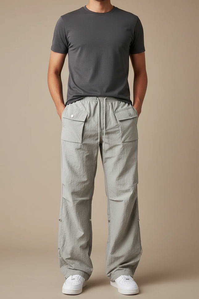 Pantalon Parachute Gris Ample Décontracté Cargo Homme - Polyester