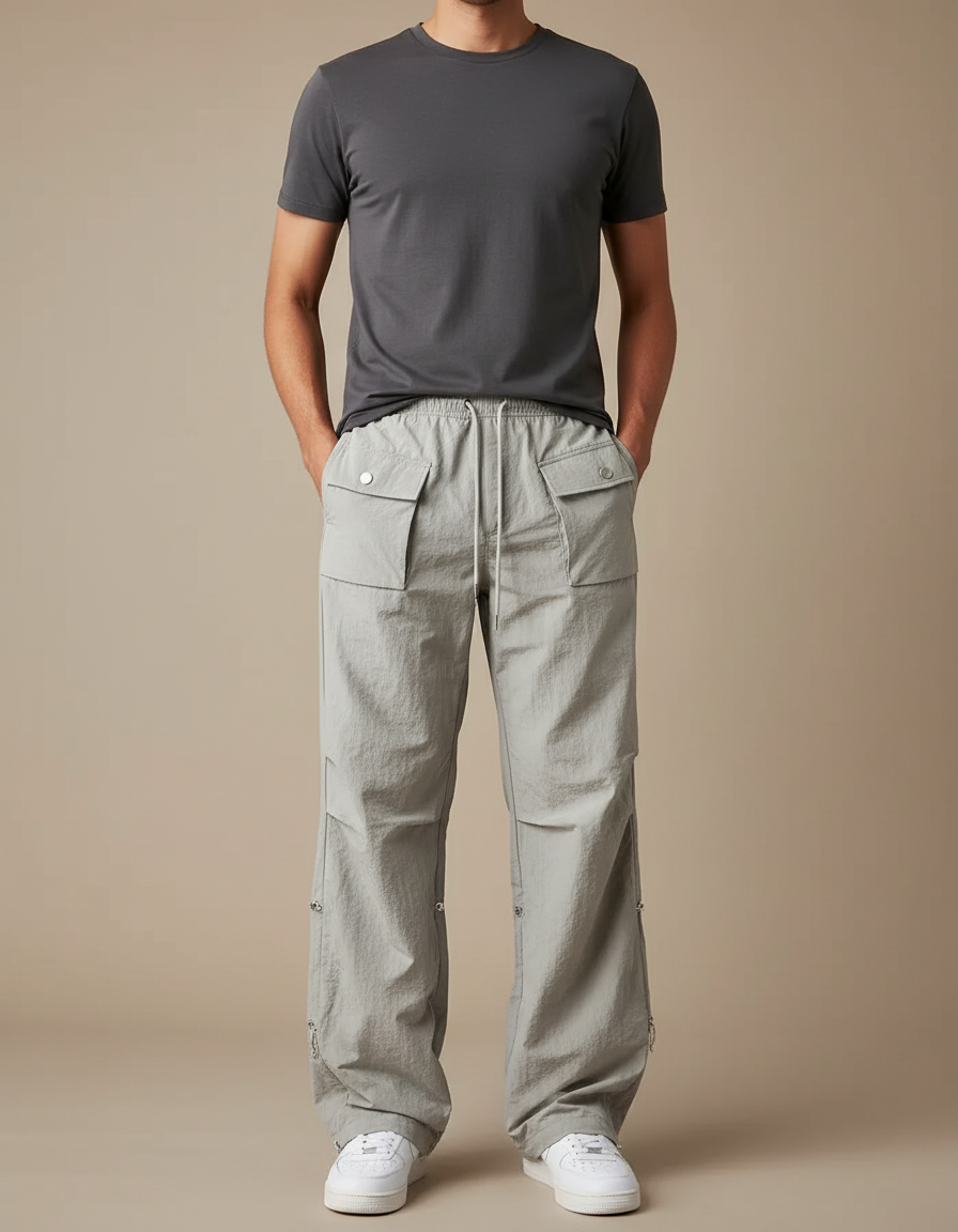 Pantalon Parachute Gris Ample Décontracté Cargo Homme - Polyester