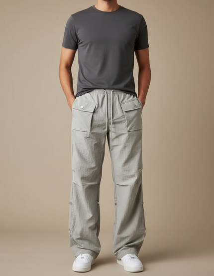 Pantalon Parachute Gris Ample Décontracté Cargo Homme - Polyester