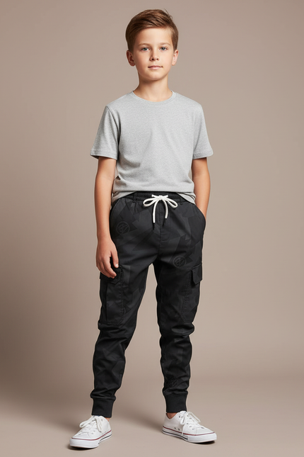 Pantalon Parachute Noir Cargo Imprimé Géométrique Junior Cordon - Polyester