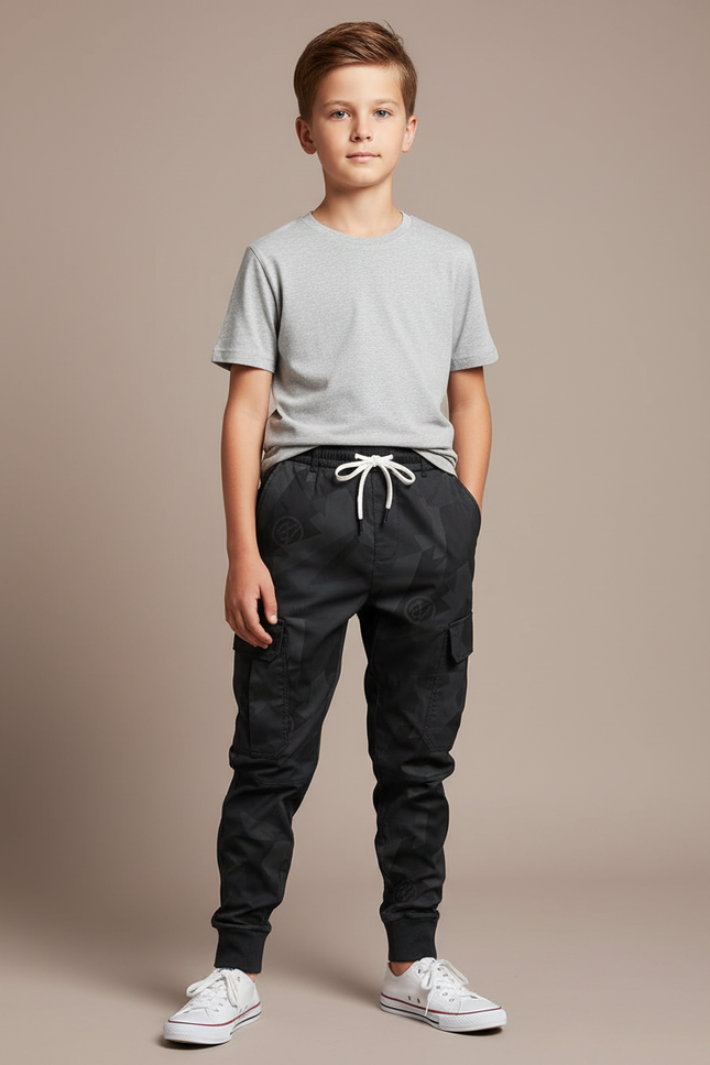 Pantalon Parachute Noir Cargo Imprimé Géométrique Junior Cordon - Polyester