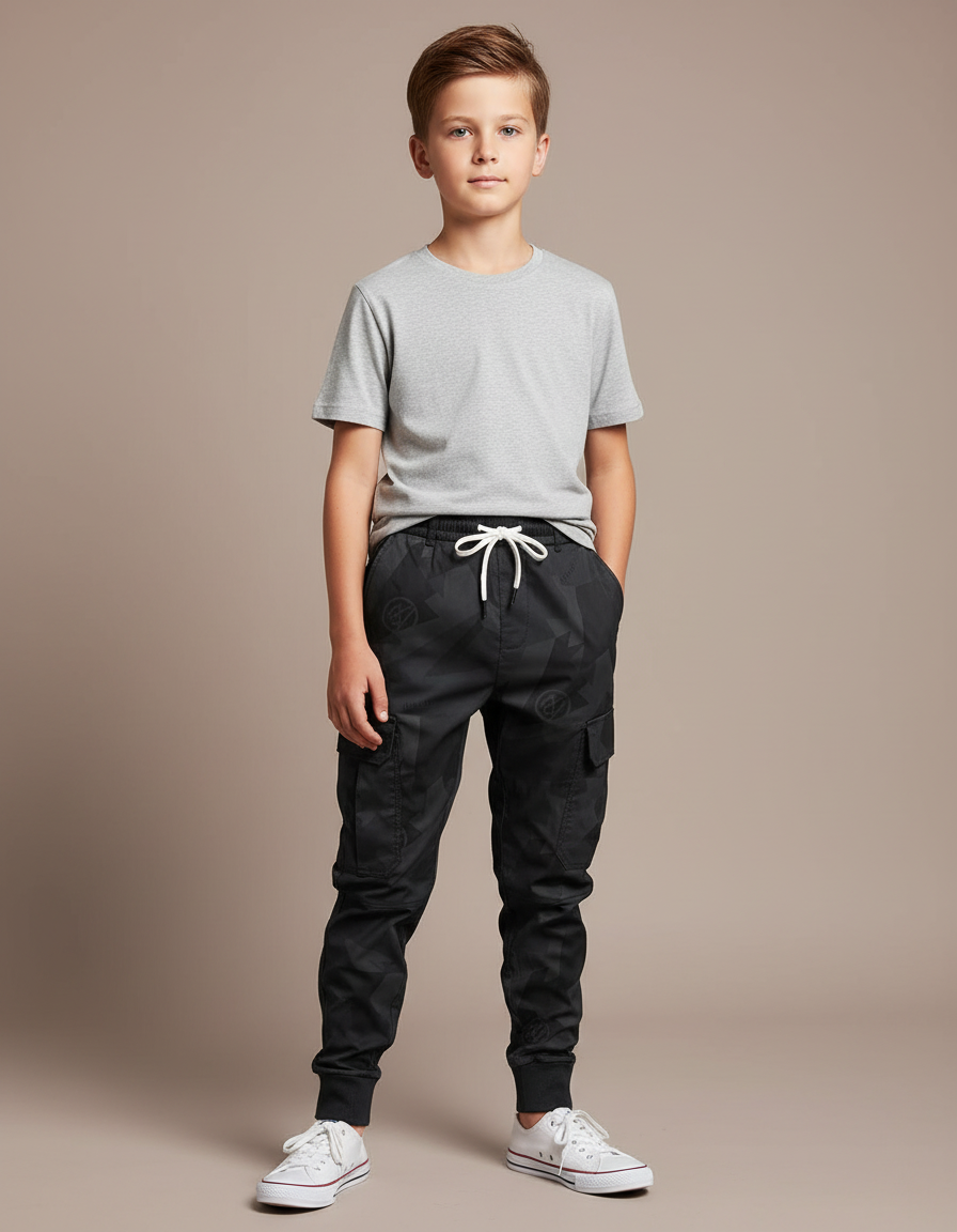 Pantalon Parachute Noir Cargo Imprimé Géométrique Junior Cordon - Polyester