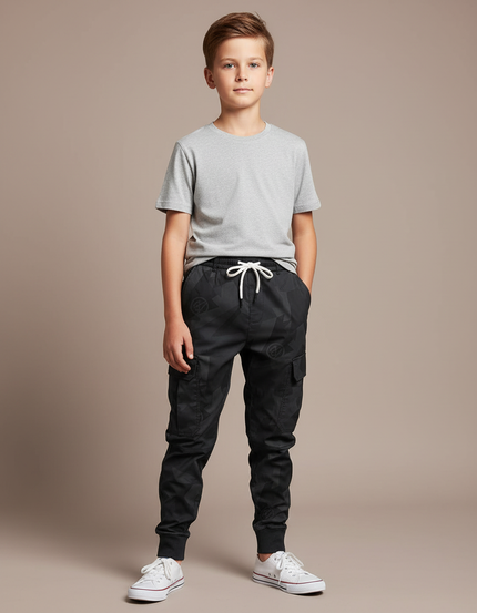 Pantalon Parachute Noir Cargo Imprimé Géométrique Junior Cordon - Polyester