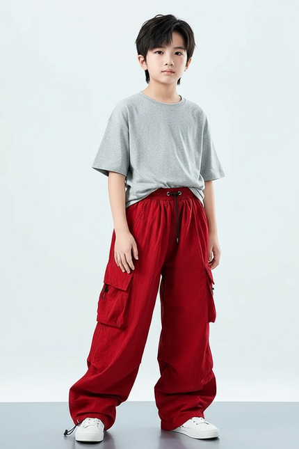 Pantalon Parachute Rouge Cargo Ample Enfant Décontracté Hip Hop - Lin