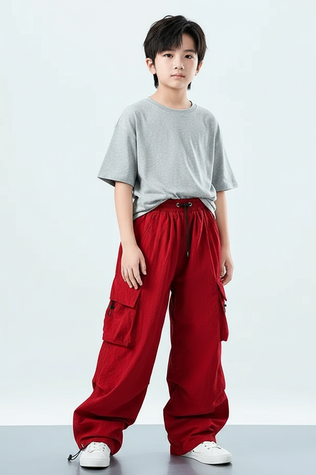 Pantalon Parachute Rouge Cargo Ample Enfant Décontracté Hip Hop - Lin