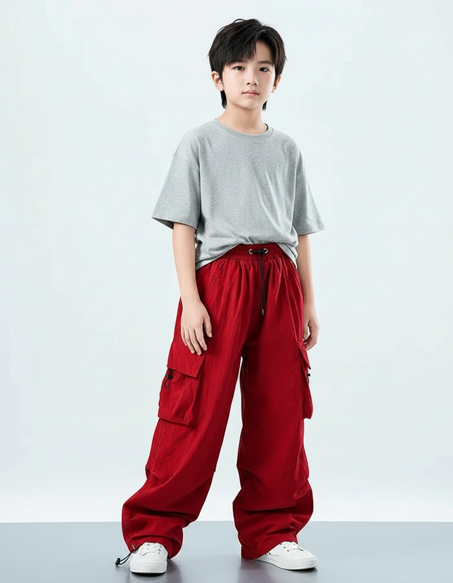 Pantalon Parachute Rouge Cargo Ample Enfant Décontracté Hip Hop - Lin