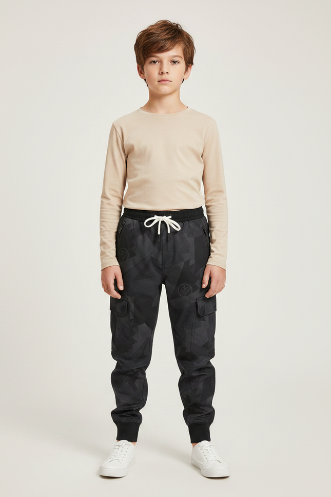 Pantalon Parachute Noir Cargo Imprimé Géométrique Cordon Junior - Polyester