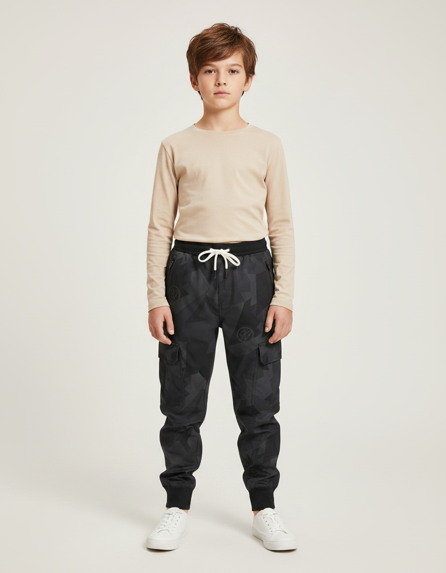 Pantalon Parachute Noir Cargo Imprimé Géométrique Cordon Junior - Polyester