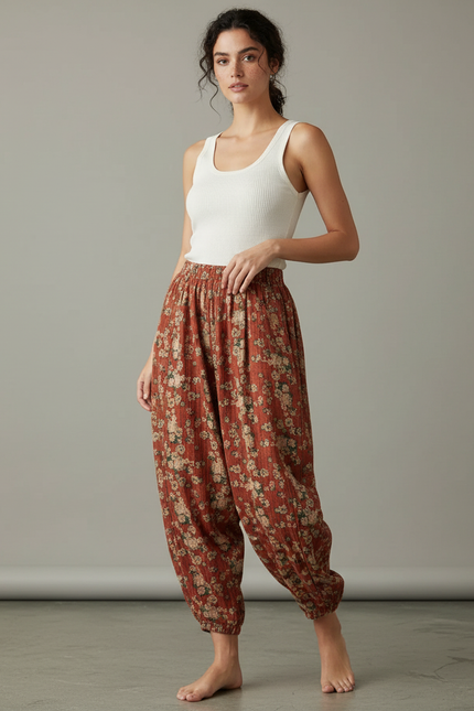 Pantalon Parachute Fleuri Coton Lin Ample Élastique - Imprimé
