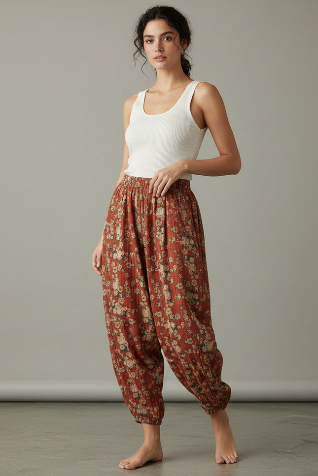 Pantalon Parachute Fleuri Coton Lin Ample Élastique - Imprimé