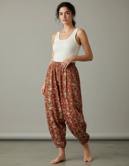 Pantalon Parachute Fleuri Coton Lin Ample Élastique - Imprimé