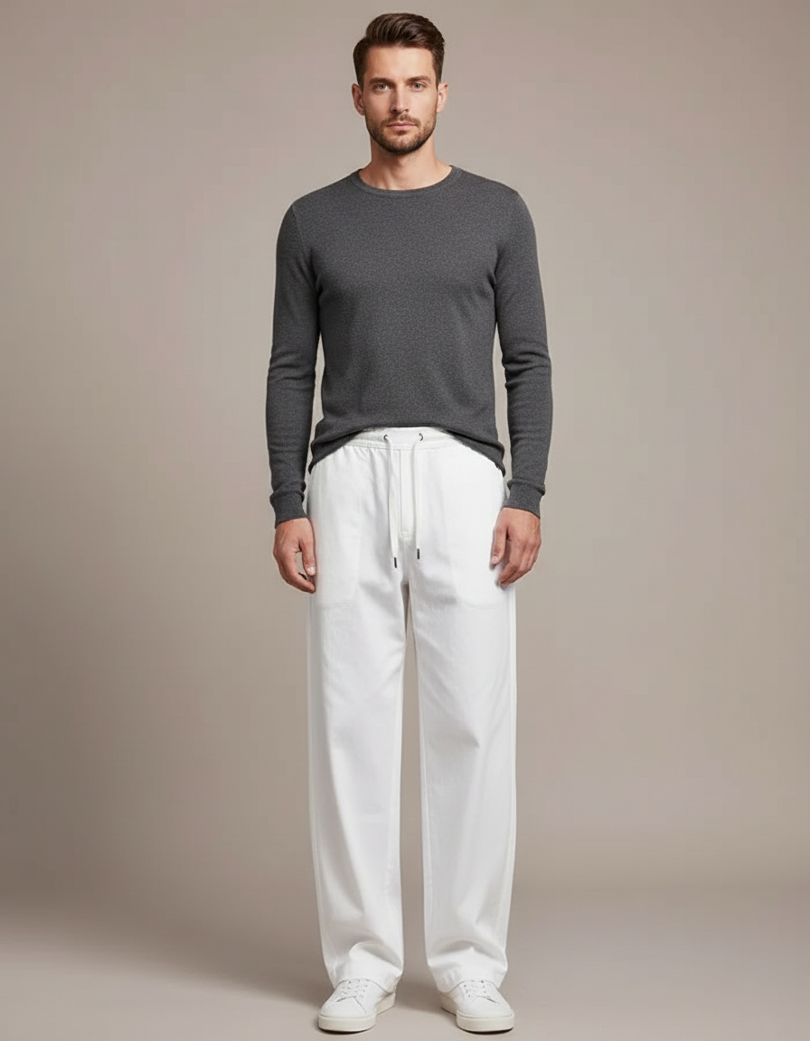 Pantalon Parachute Blanc Droit Ample Coton Homme