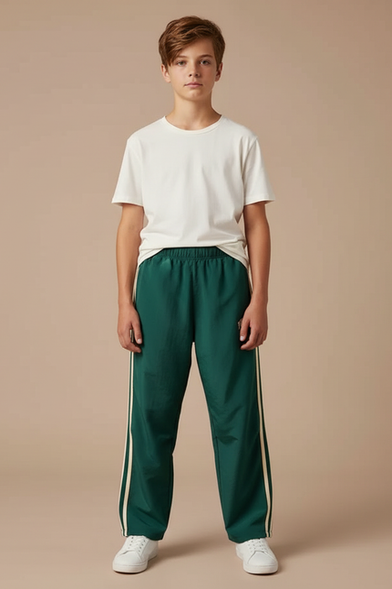 Pantalon Parachute Vert Ample Rayures Blanches Enfant Sportif - Polyester