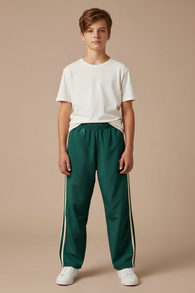 Pantalon Parachute Vert Ample Rayures Blanches Enfant Sportif - Polyester