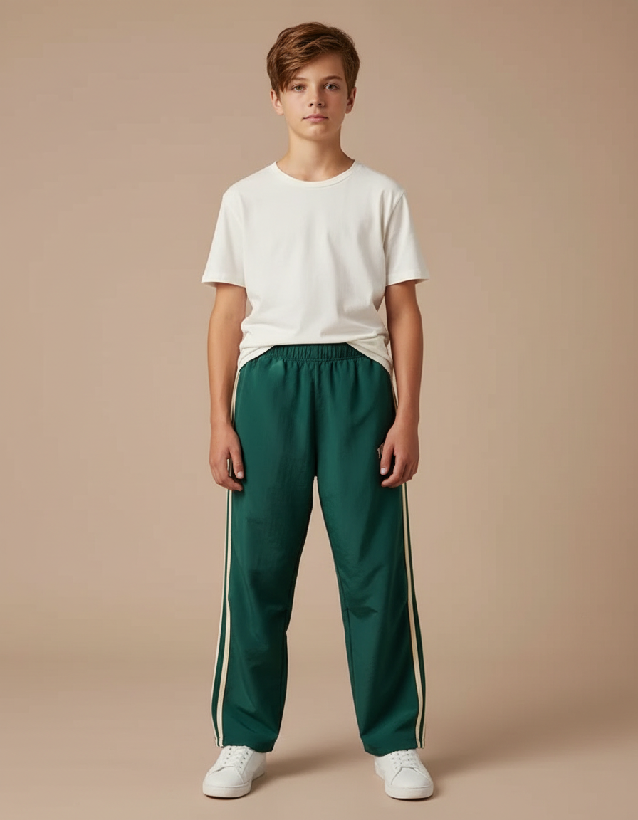 Pantalon Parachute Vert Ample Rayures Blanches Enfant Sportif - Polyester
