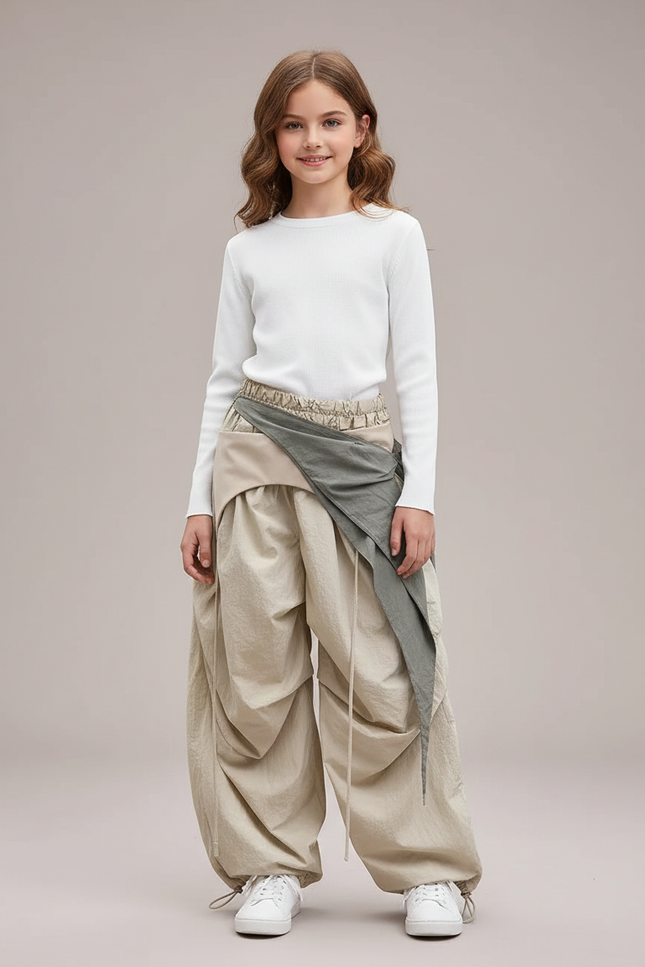 Pantalon Parachute Beige Ample Plissé Enfant - Polyester