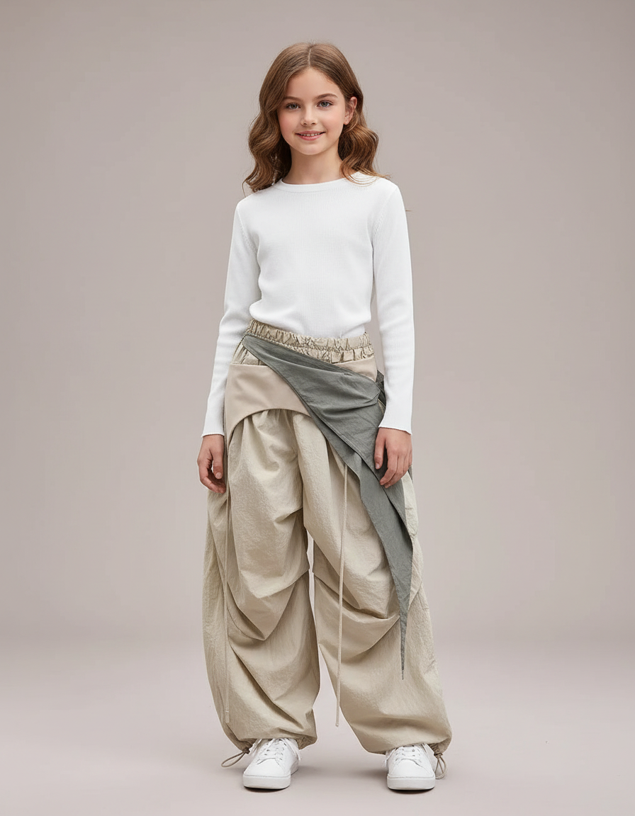 Pantalon Parachute Beige Ample Plissé Enfant - Polyester