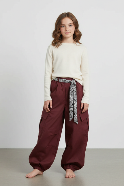 Pantalon Parachute Marron Cargo Ample Ceinturé Fille - Bordeaux Coton