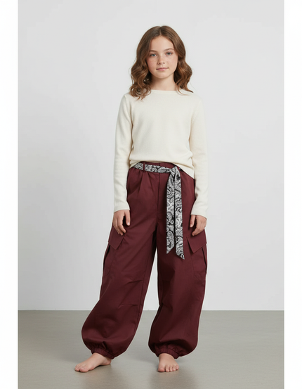 Pantalon Parachute Marron Cargo Ample Ceinturé Fille - Bordeaux Coton
