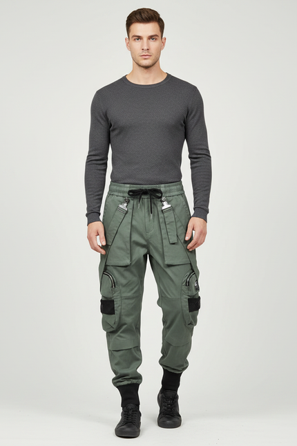 Pantalon Parachute Kaki Cargo Multipoches Streetwear Homme - Gabardine