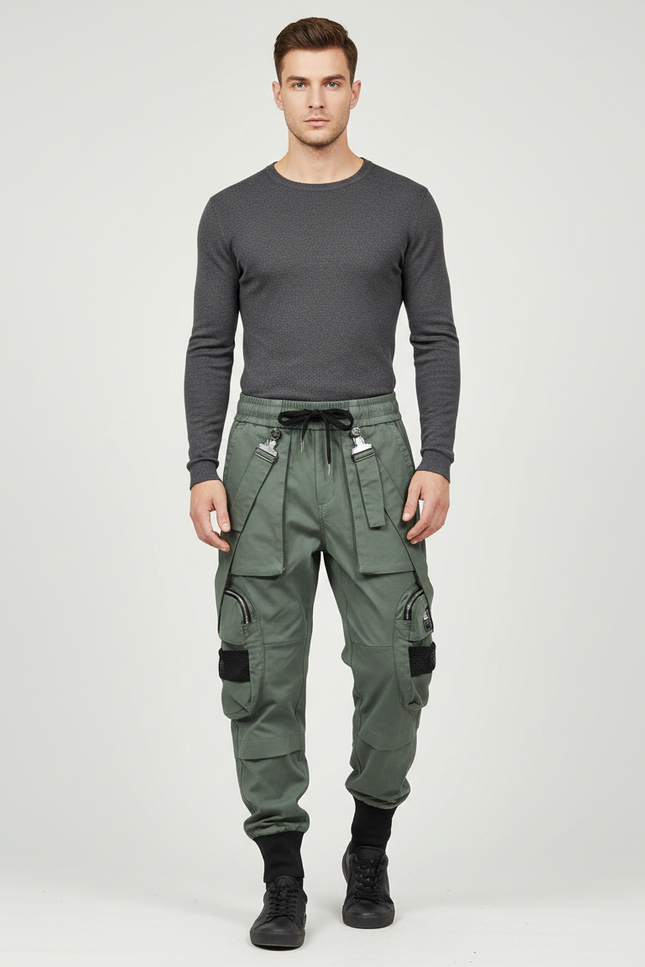 Pantalon Parachute Kaki Cargo Multipoches Streetwear Homme - Gabardine