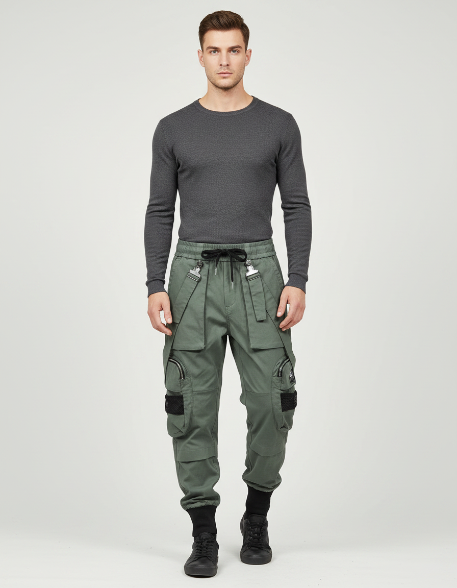 Pantalon Parachute Kaki Cargo Multipoches Streetwear Homme - Gabardine
