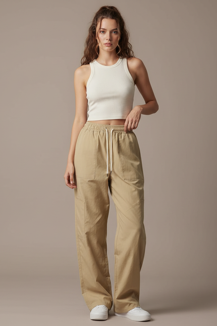 Pantalon Parachute Beige Ample Cargo Cordon Décontracté - Toile