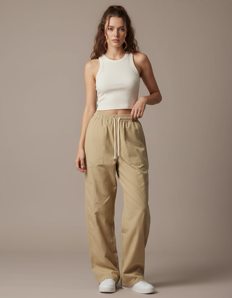 Pantalon Parachute Beige Ample Cargo Cordon Décontracté - Toile