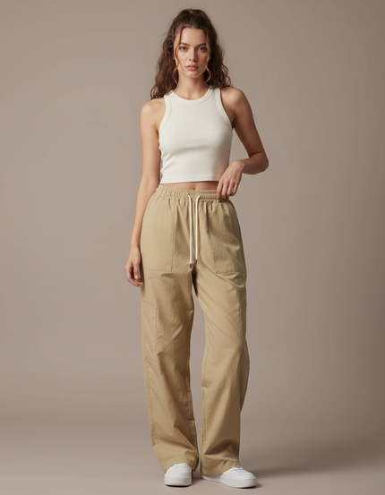 Pantalon Parachute Beige Ample Cargo Cordon Décontracté - Toile