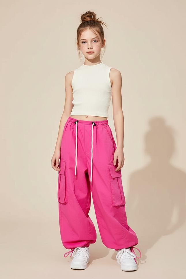 Pantalon Parachute Rose Ample Cargo Fille Fluide - Polyester