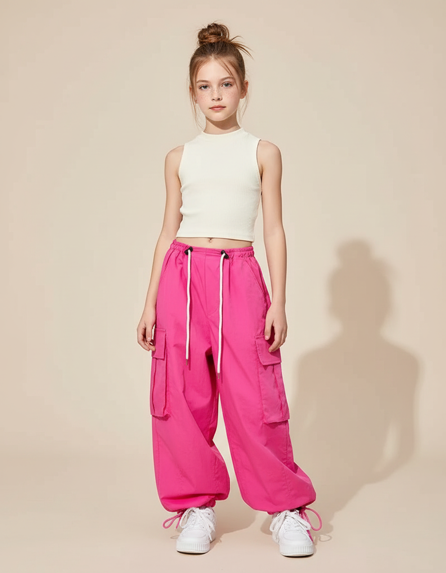 Pantalon Parachute Rose Ample Cargo Fille Fluide - Polyester