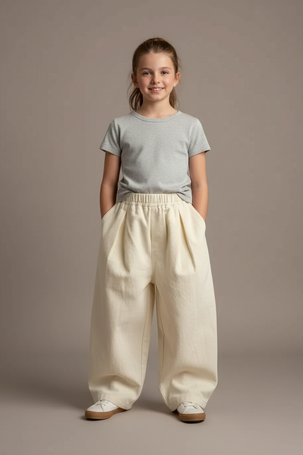Pantalon Parachute Crème Ample Coton Enfant Fluide - Beige