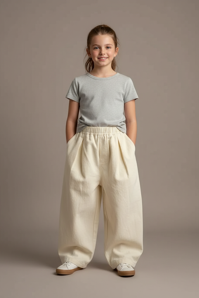 Pantalon Parachute Crème Ample Coton Enfant Fluide - Beige