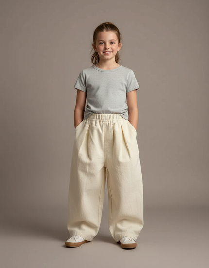 Pantalon Parachute Crème Ample Coton Enfant Fluide - Beige