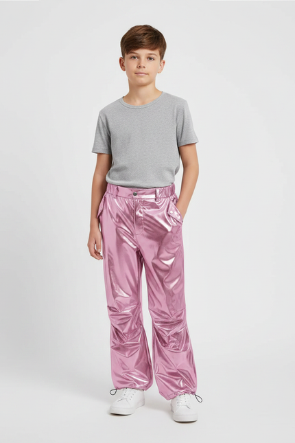 Pantalon Parachute Métallique Rose Ample Brillant Garçon - Polyester
