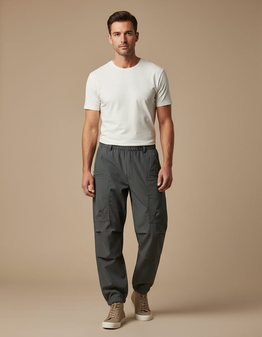 Pantalon Parachute Gris Cargo Coton Ample Homme