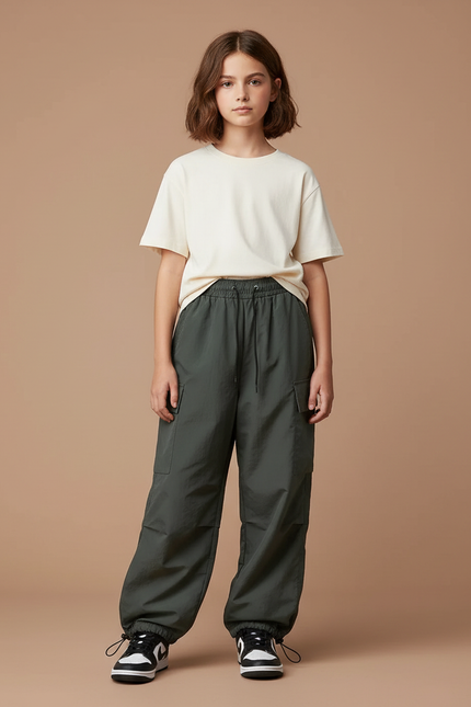 Pantalon Parachute Vert Ample Cargo Nylon Fille - Kaki Polyester