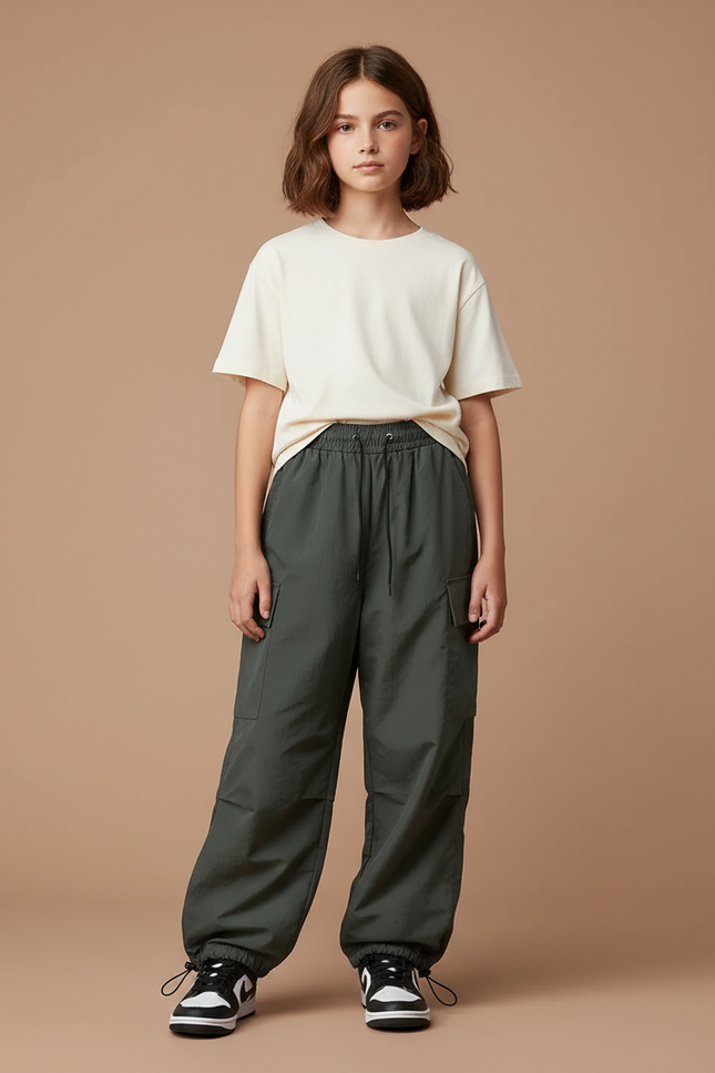 Pantalon Parachute Vert Ample Cargo Nylon Fille - Kaki Polyester