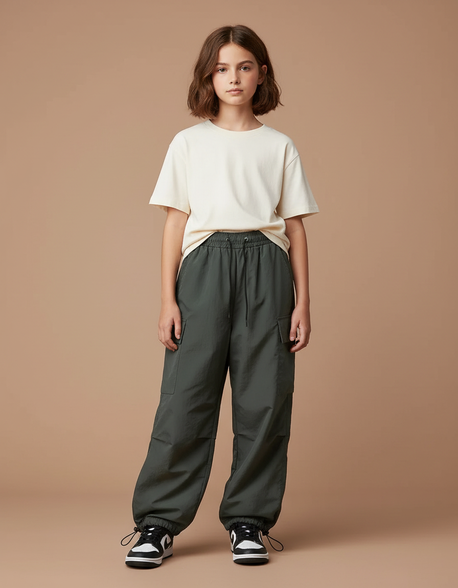 Pantalon Parachute Vert Ample Cargo Nylon Fille - Kaki Polyester