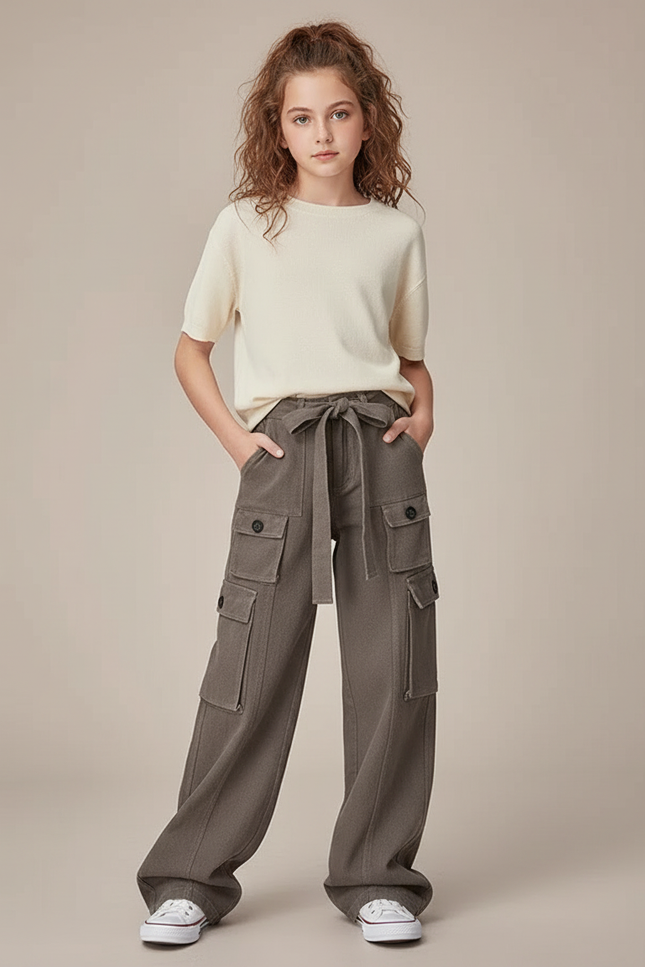 Pantalon Parachute Kaki Cargo Ample Fille Ceinture - Toile