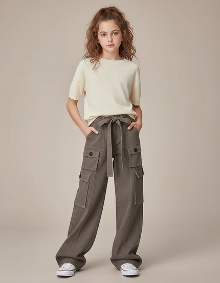 Pantalon Parachute Kaki Cargo Ample Fille Ceinture - Toile