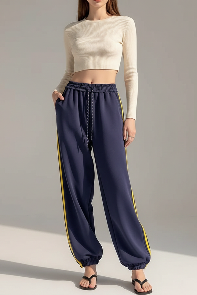 Pantalon Parachute Large Bleu Marine Rayures Jaunes Sportif - Molleton