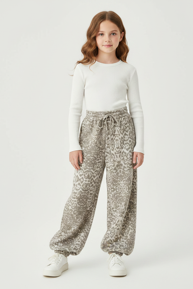 Pantalon Parachute Léopard Ample Cordon Décontracté - Kaki Molleton