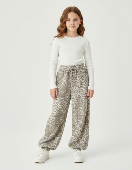 Pantalon Parachute Léopard Ample Cordon Décontracté - Kaki Molleton
